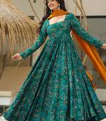 Teal blue heavy digital printed heavy rayon  gown style