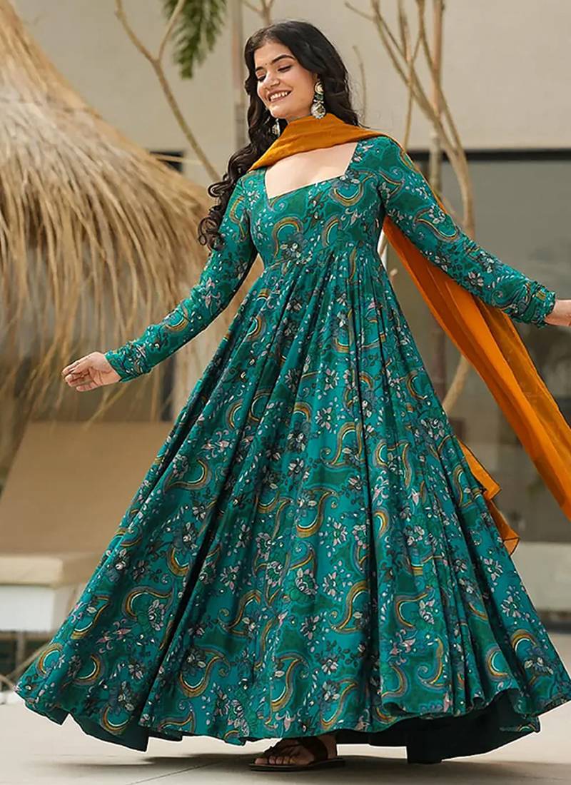 Teal blue heavy digital printed heavy rayon  gown style