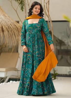 Teal blue heavy digital printed heavy rayon  gown style 2