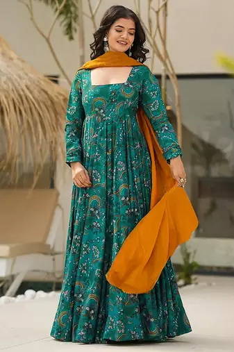 Teal blue heavy digital printed heavy rayon  gown style