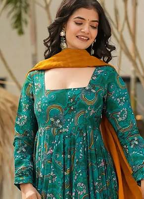 Teal blue heavy digital printed heavy rayon  gown style 3