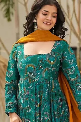 Teal blue heavy digital printed heavy rayon  gown style
