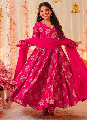 Rani pink heavy digital printed heavy rayon  gown style 1