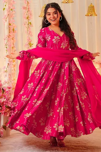 Rani pink heavy digital printed heavy rayon  gown style