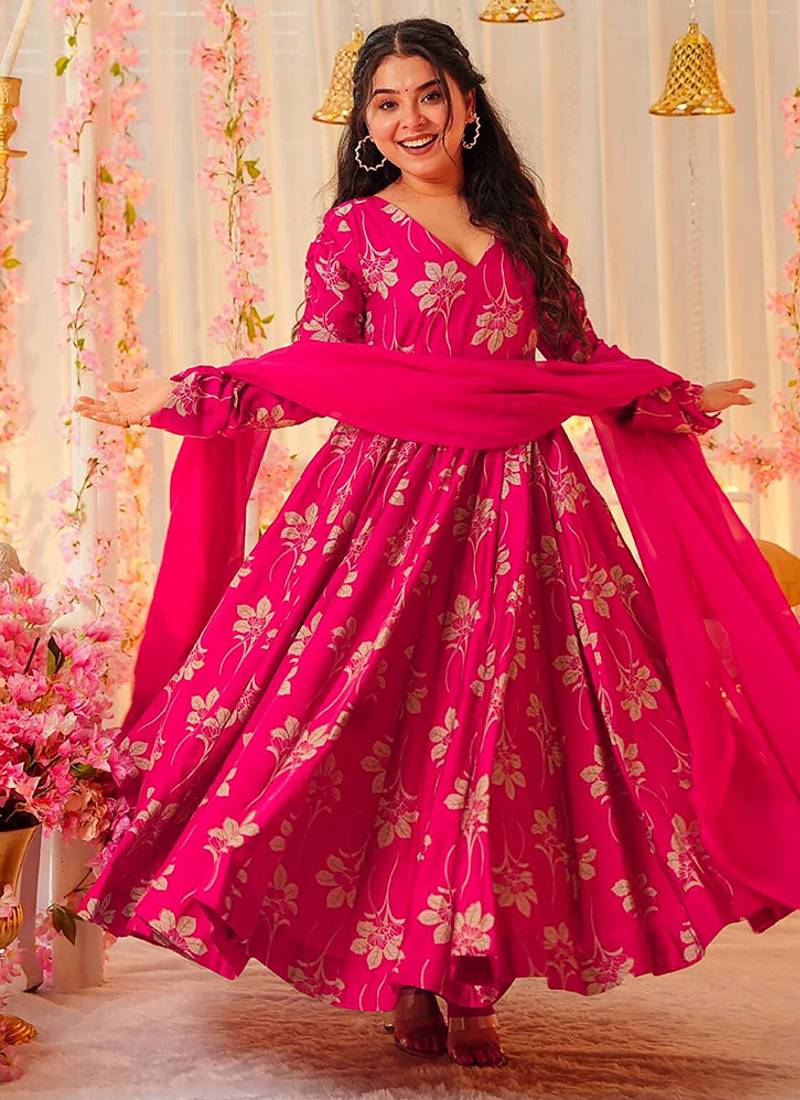 Rani pink heavy digital printed heavy rayon  gown style