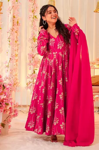 Rani pink heavy digital printed heavy rayon  gown style