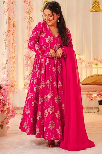 Rani pink heavy digital printed heavy rayon  gown style