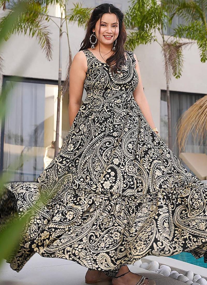 Black heavy digital printed heavy rayon  gown style
