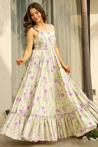 Cream heavy digital printed heavy rayon  gown style