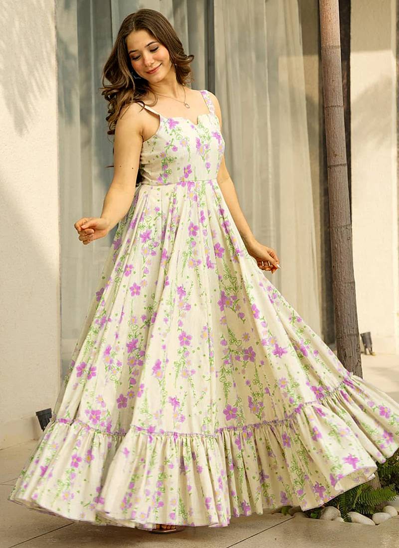 Cream heavy digital printed heavy rayon  gown style