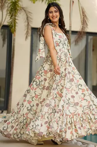 Cream heavy digital printed heavy rayon  gown style