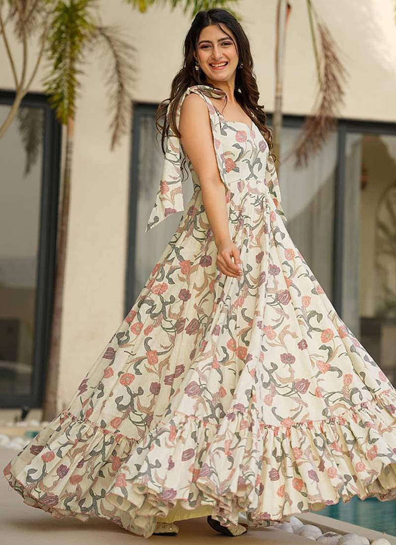 Cream heavy digital printed heavy rayon  gown style