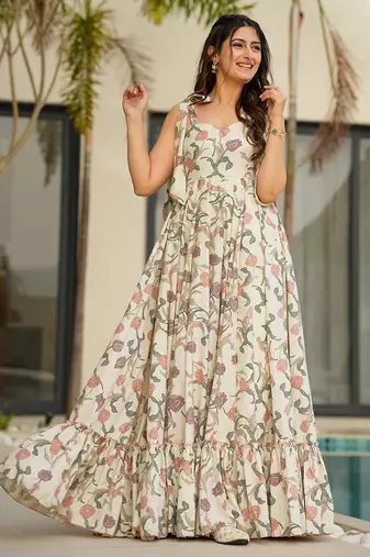 Cream heavy digital printed heavy rayon  gown style