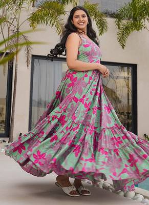 Sea green heavy digital printed heavy rayon  gown style 1