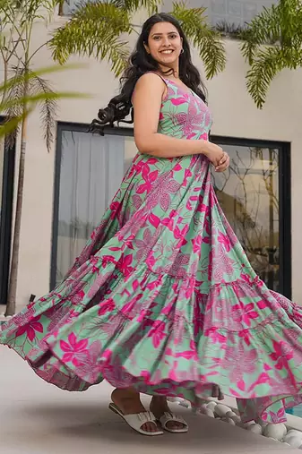 Sea green heavy digital printed heavy rayon  gown style