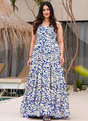Cream & blue heavy digital printed heavy rayon  gown style 1