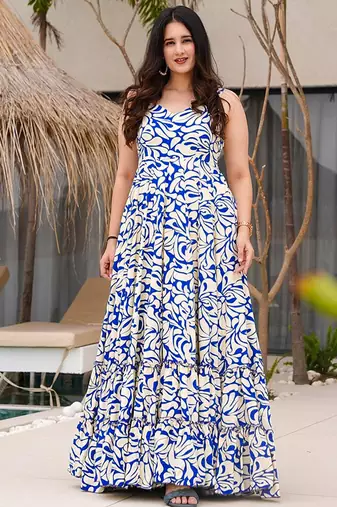 Cream & blue heavy digital printed heavy rayon  gown style