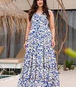 Cream & blue heavy digital printed heavy rayon  gown style