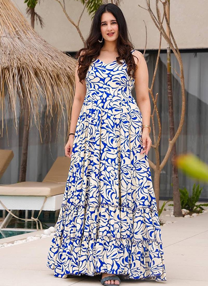 Cream & blue heavy digital printed heavy rayon  gown style