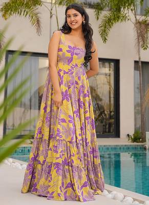 Yellow heavy digital printed heavy rayon  gown style 1