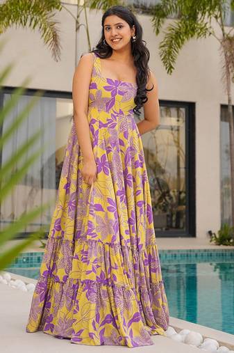 Yellow heavy digital printed heavy rayon  gown style