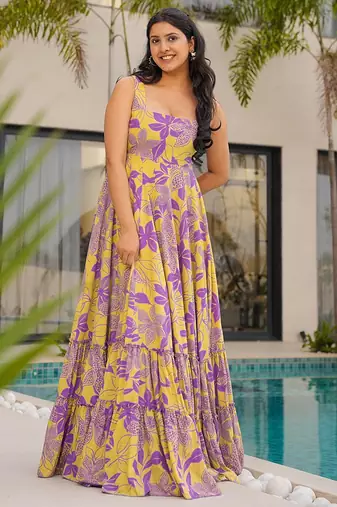 Yellow heavy digital printed heavy rayon  gown style