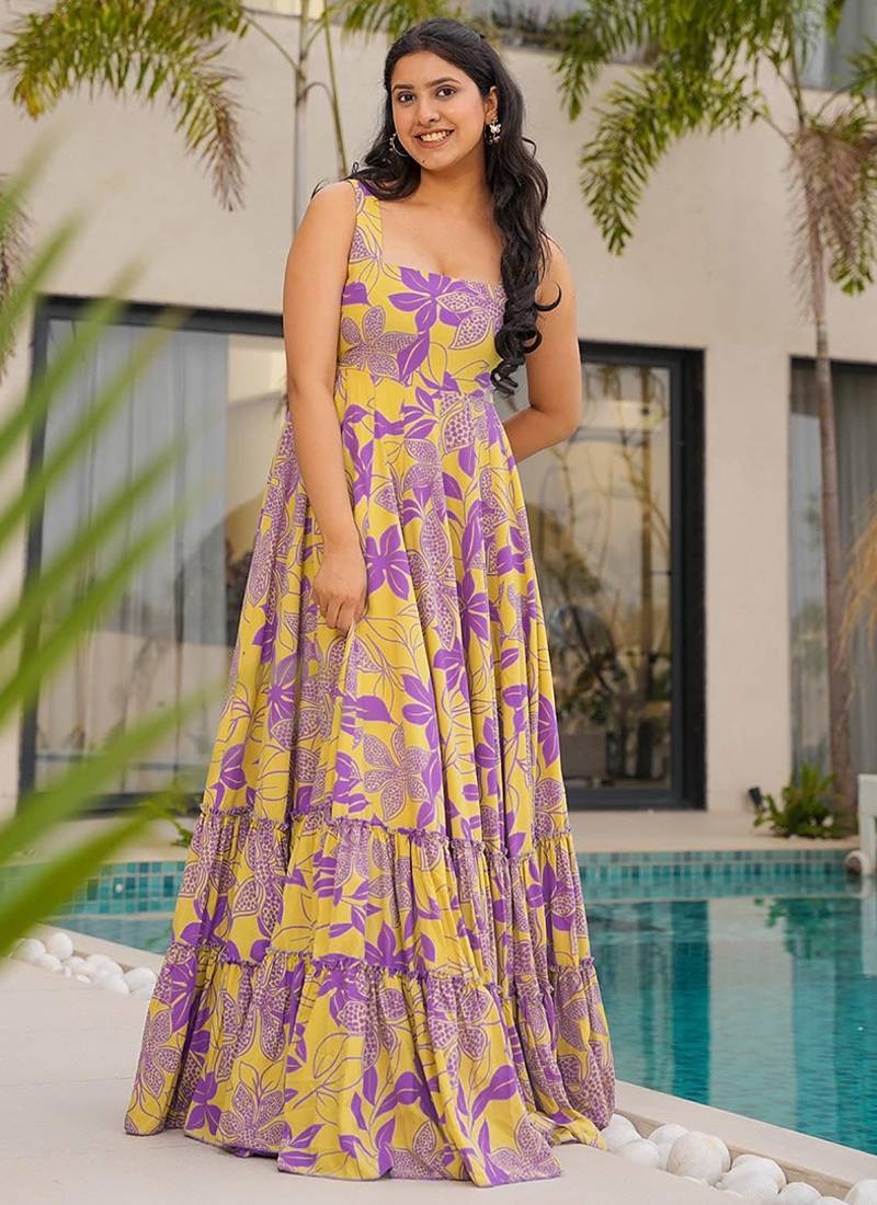 Yellow heavy digital printed heavy rayon  gown style