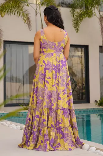 Yellow heavy digital printed heavy rayon  gown style