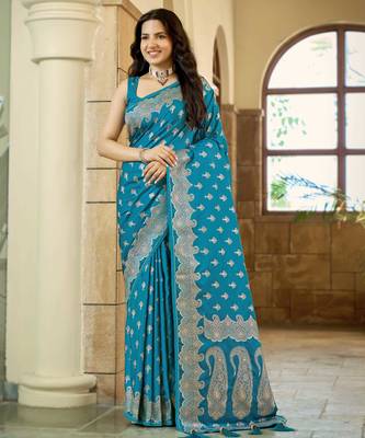 Teal blue satin silk blend woven saree with silver zari border & blouse 1