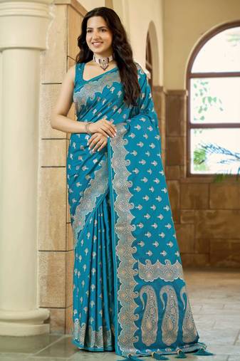 Teal blue satin silk blend woven saree with silver zari border & blouse