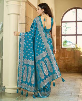 Teal blue satin silk blend woven saree with silver zari border & blouse 2