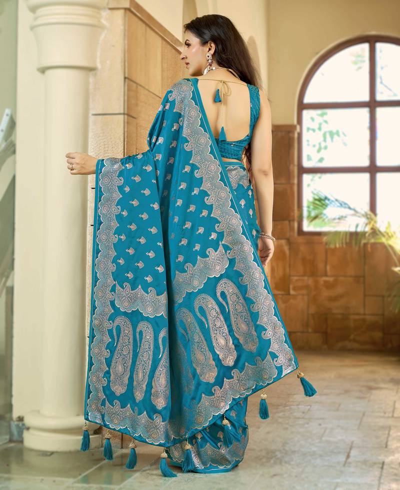 Teal blue satin silk blend woven saree with silver zari border & blouse