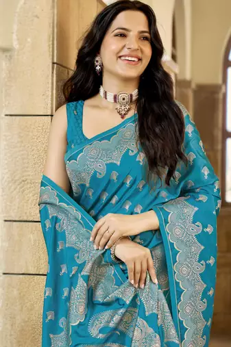 Teal blue satin silk blend woven saree with silver zari border & blouse