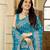 Teal blue satin silk blend woven saree with silver zari border & blouse