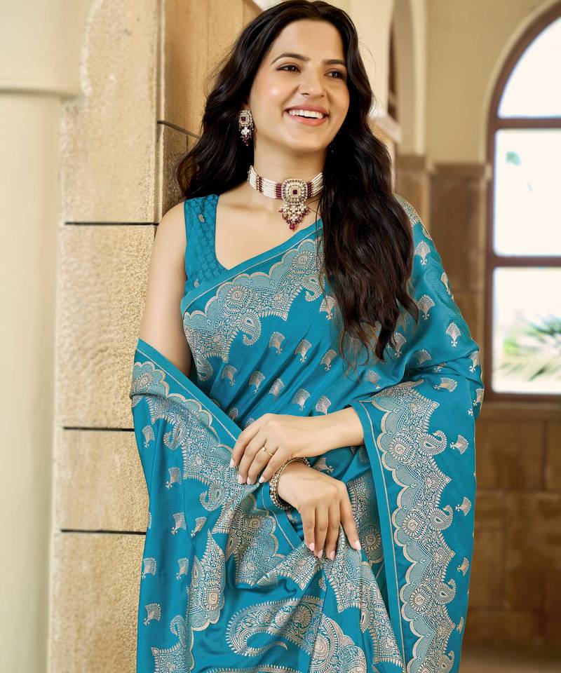 Teal blue satin silk blend woven saree with silver zari border & blouse