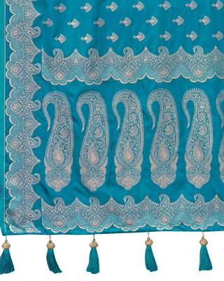 Teal blue satin silk blend woven saree with silver zari border & blouse 5