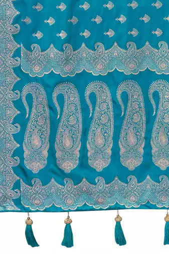 Teal blue satin silk blend woven saree with silver zari border & blouse