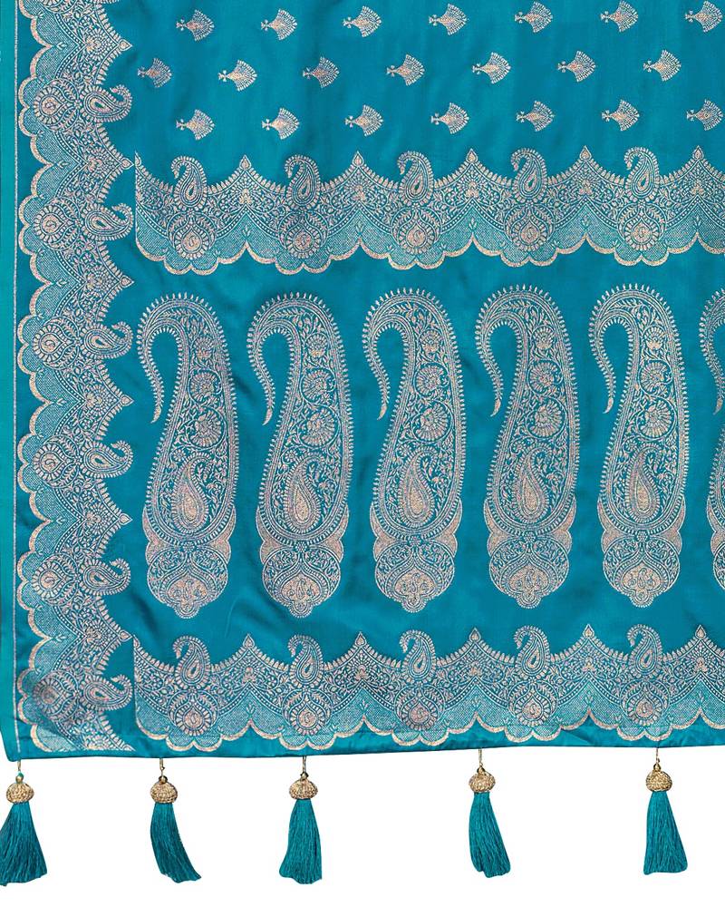 Teal blue satin silk blend woven saree with silver zari border & blouse
