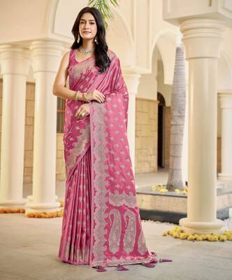 Baby pink satin silk blend woven saree with silver zari border & blouse 1