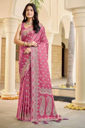 Baby pink satin silk blend woven saree with silver zari border & blouse