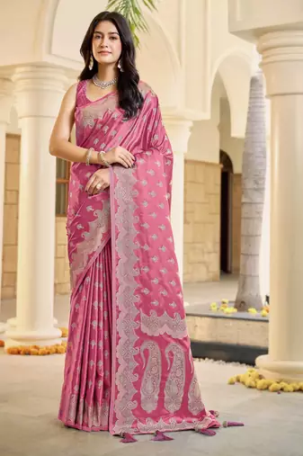 Baby pink satin silk blend woven saree with silver zari border & blouse