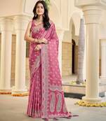 Baby pink satin silk blend woven saree with silver zari border & blouse