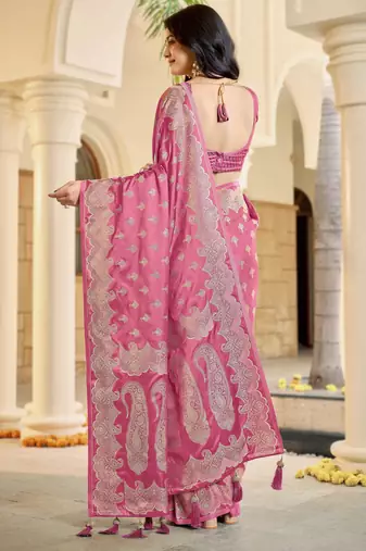 Baby pink satin silk blend woven saree with silver zari border & blouse
