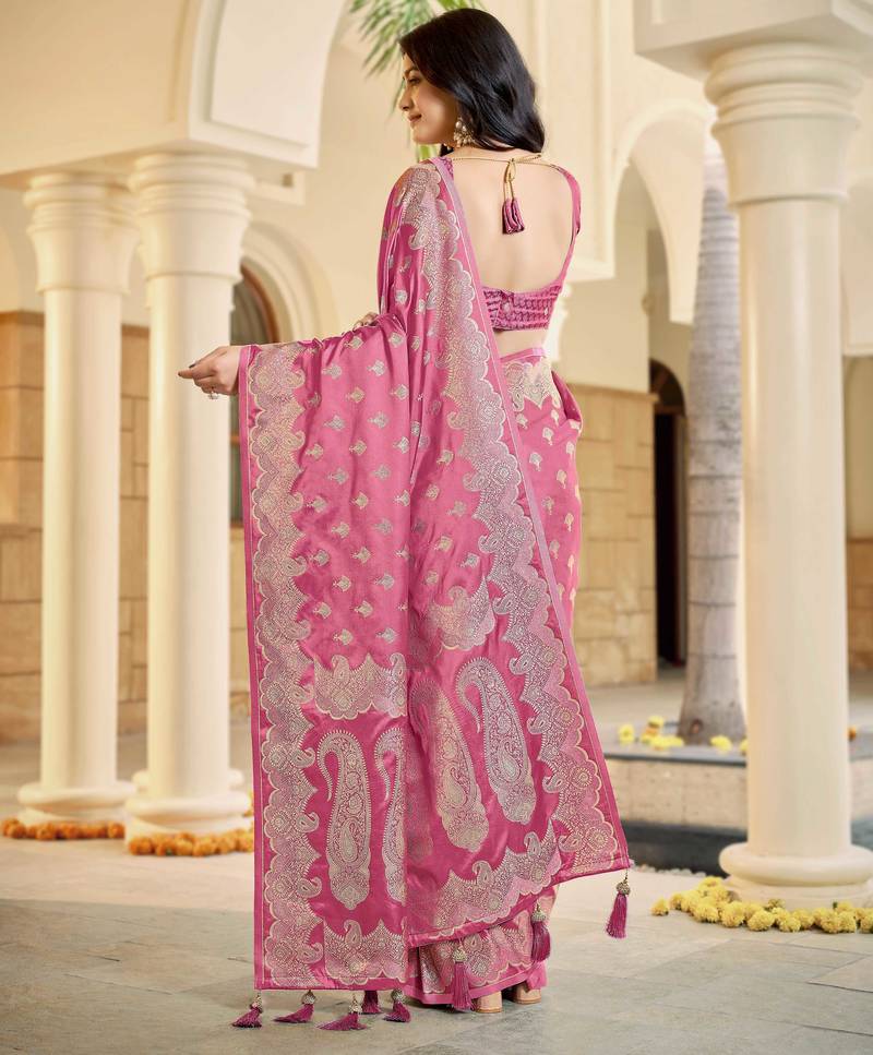 Baby pink satin silk blend woven saree with silver zari border & blouse