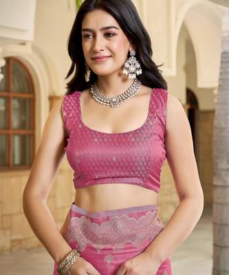 Baby pink satin silk blend woven saree with silver zari border & blouse 4