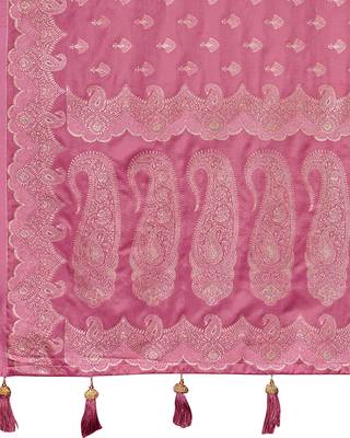 Baby pink satin silk blend woven saree with silver zari border & blouse 5