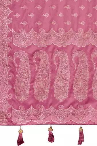 Baby pink satin silk blend woven saree with silver zari border & blouse