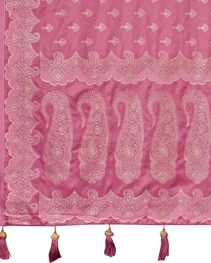 Baby pink satin silk blend woven saree with silver zari border & blouse