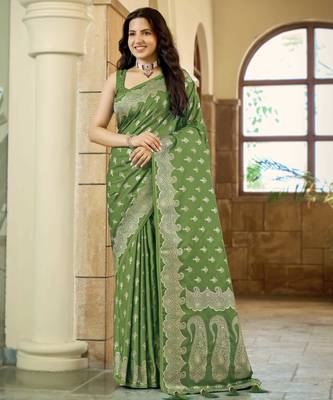 Green satin silk blend woven saree with silver zari border & blouse 1