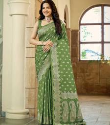 Green satin silk blend woven saree with silver zari border & blouse